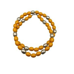 Vintage Butterscotch & Silver Tone Beaded Necklace Long Boho Chic Jewelry